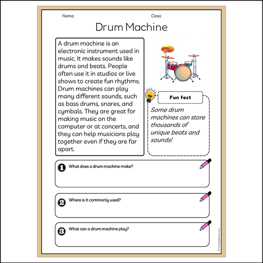 Drum Machine | Reading Passage Comprehension Questions Writing Facts Worksheet