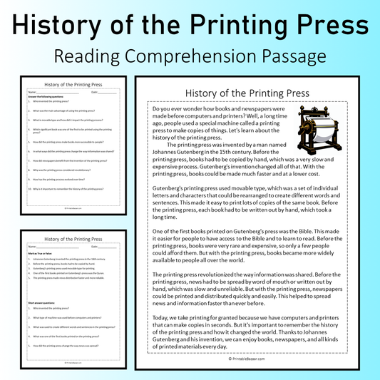 History of the Printing Press | Reading Comprehension Passage Printable Worksheet