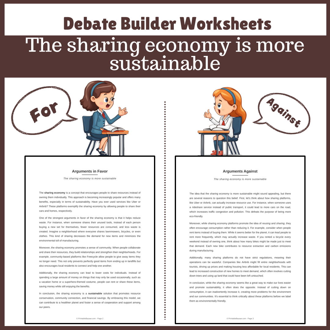 The sharing economy is more sustainable | Favour and Against Worksheet Printable Activity