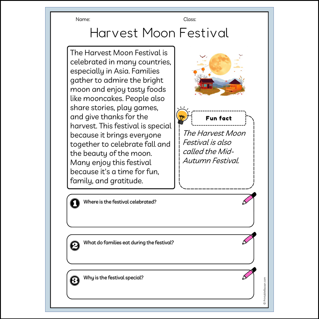 Harvest Moon Festival | Reading Passage Comprehension Questions Writing Facts Worksheet