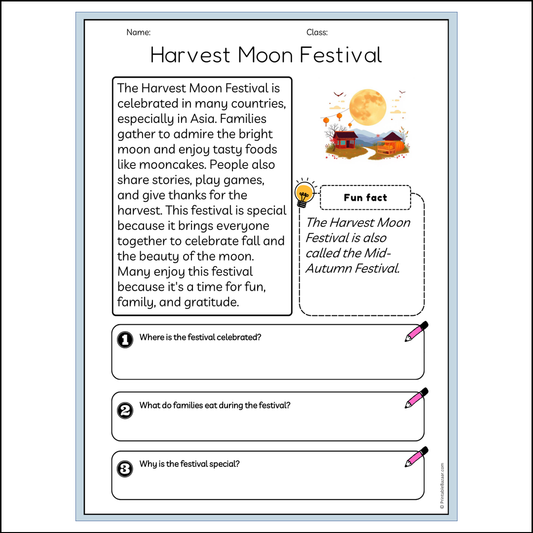 Harvest Moon Festival | Reading Passage Comprehension Questions Writing Facts Worksheet