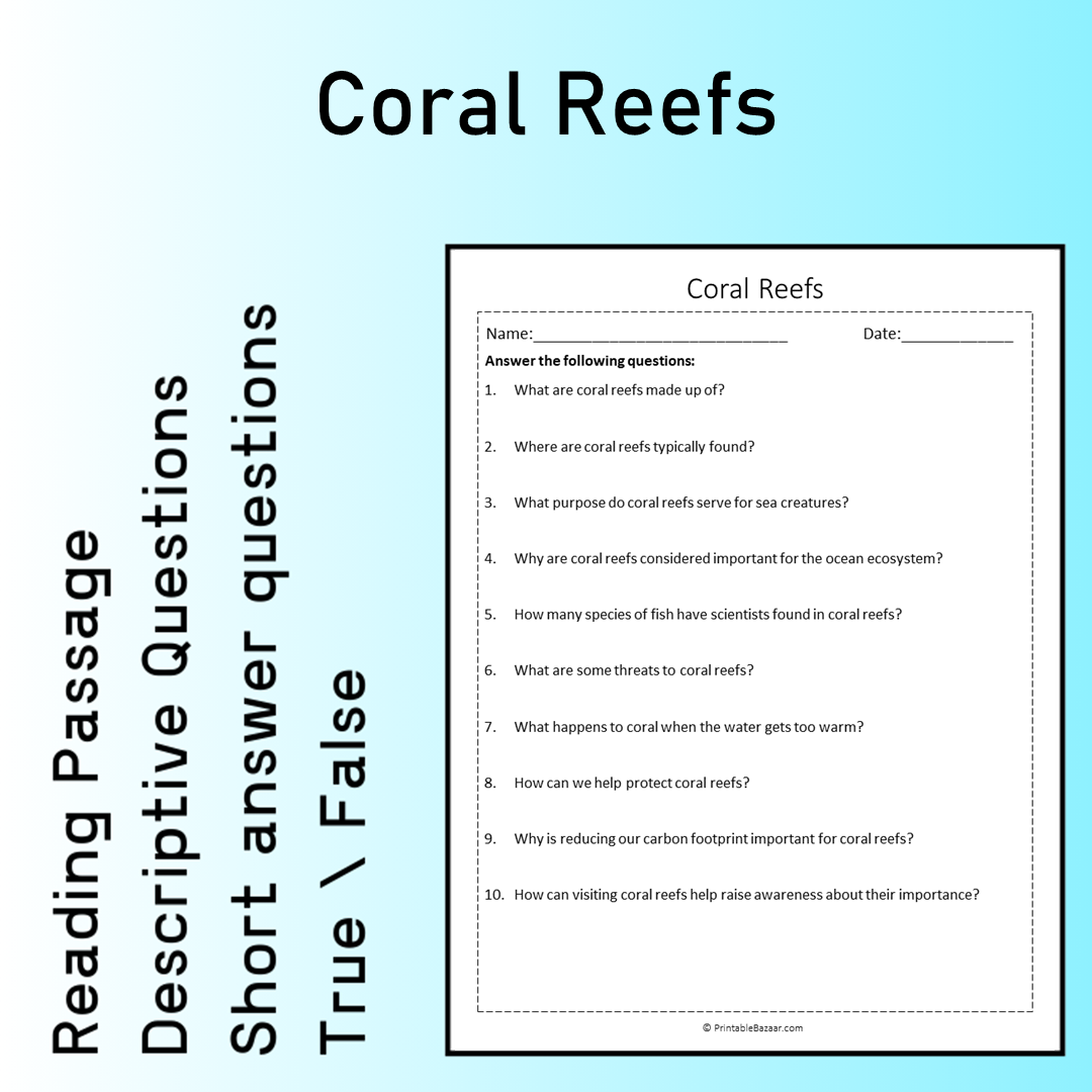 Coral Reefs | Reading Comprehension Passage Printable Worksheet