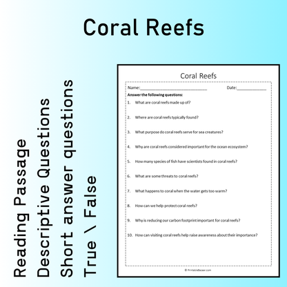 Coral Reefs | Reading Comprehension Passage Printable Worksheet