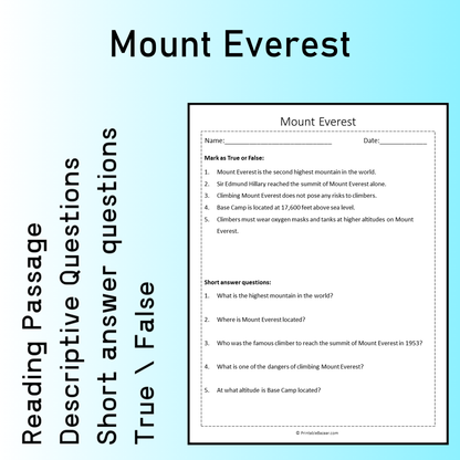 Mount Everest | Reading Comprehension Passage Printable Worksheet