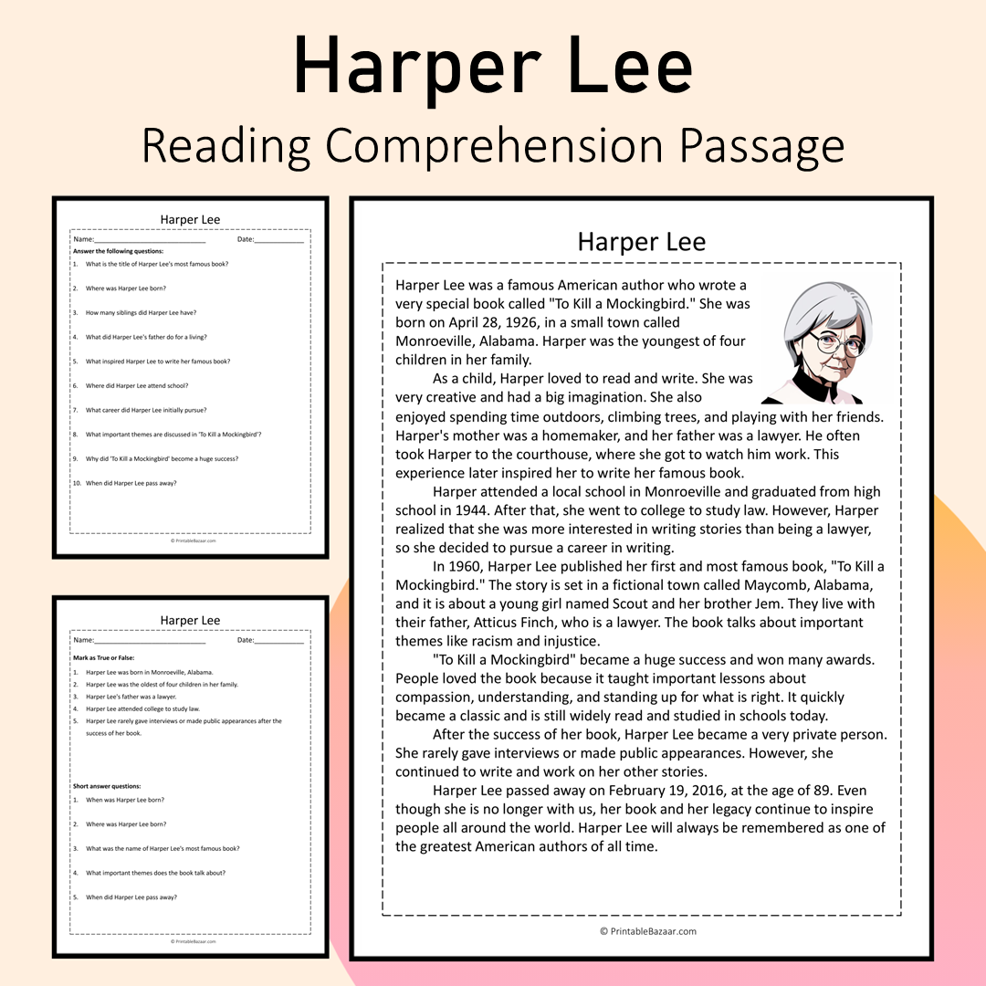 Harper Lee | Reading Comprehension Passage Printable Activity