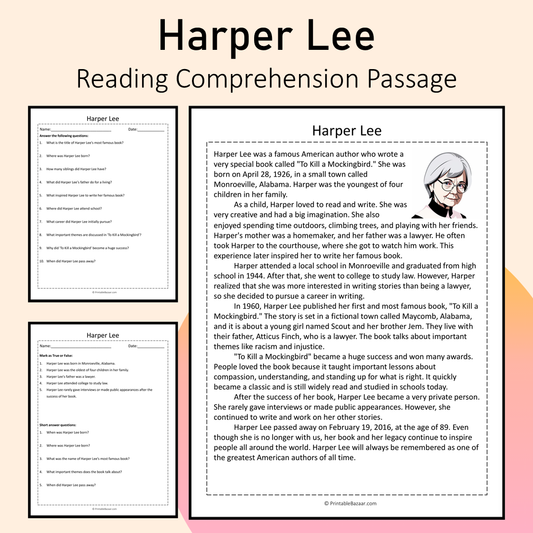 Harper Lee | Reading Comprehension Passage Printable Activity