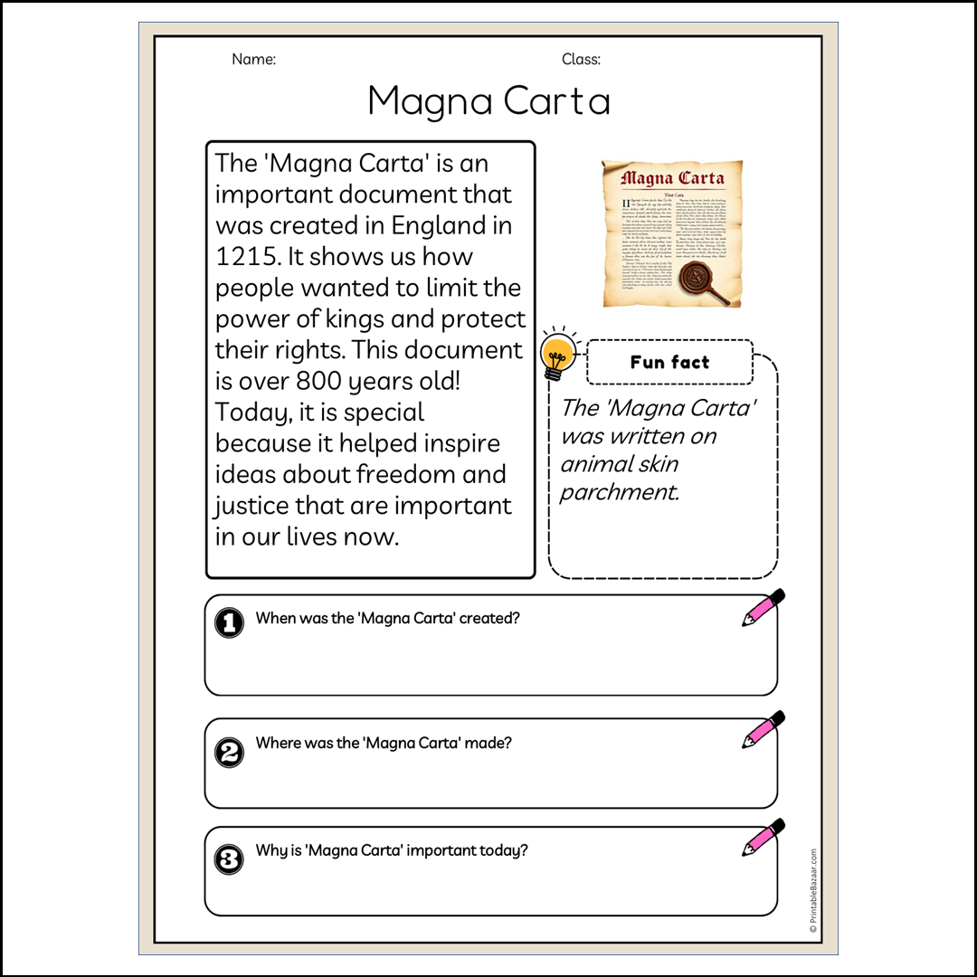 Magna Carta | Reading Passage Comprehension Questions Writing Facts Worksheet