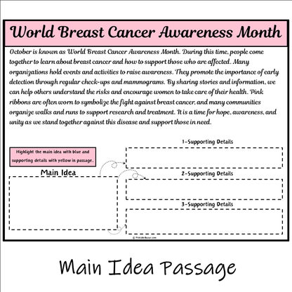 World Breast Cancer Awareness Month | Main Idea and Supporting Details Reading Passage and Questions