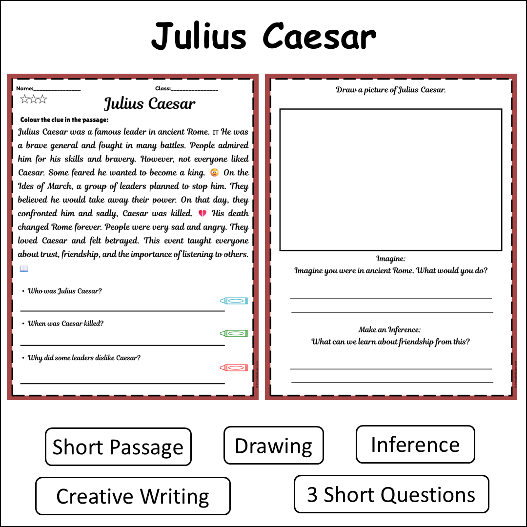 Julius Caesar | Short Reading Comprehension Creative Worksheet