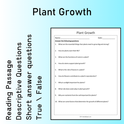 Plant Growth | Reading Comprehension Passage Printable Worksheet