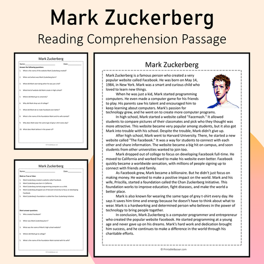 Mark Zuckerberg | Reading Comprehension Passage Printable Activity
