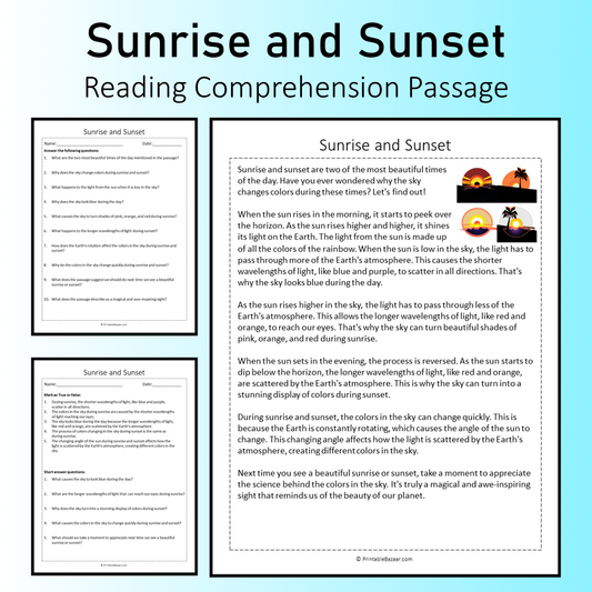 Sunrise and Sunset | Reading Comprehension Passage Printable Worksheet