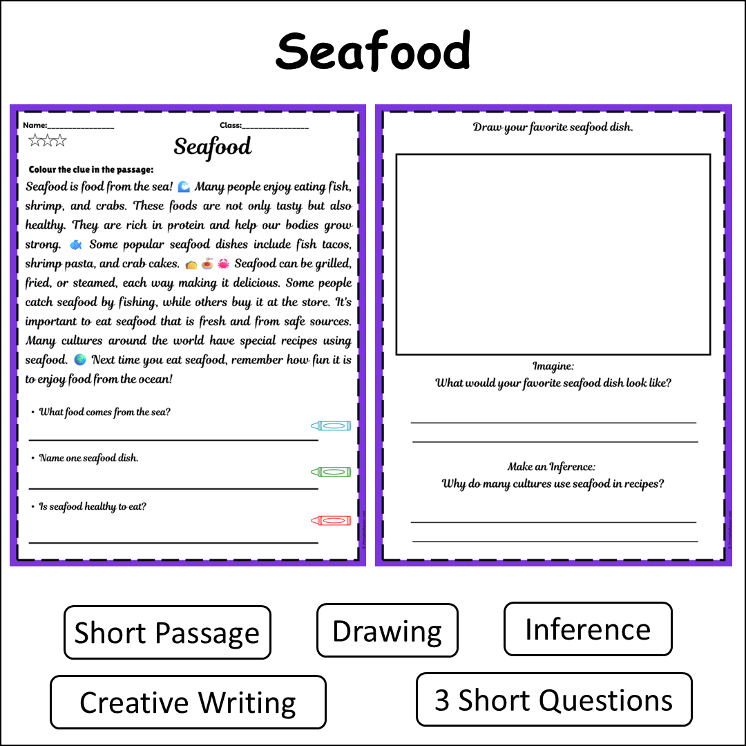 Seafood | Short Reading Comprehension Creative Worksheet