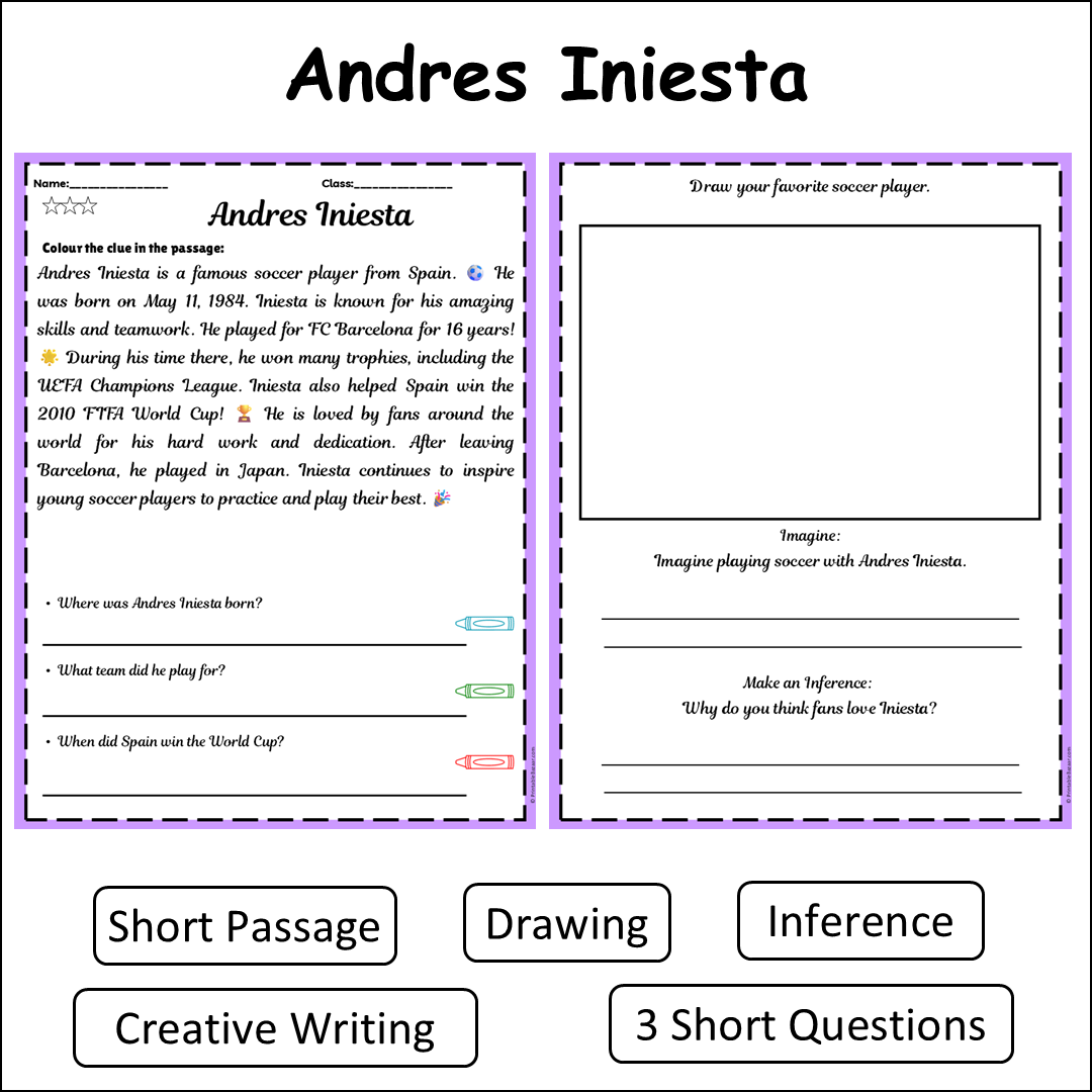 Andres Iniesta | Short Reading Comprehension Creative Worksheet