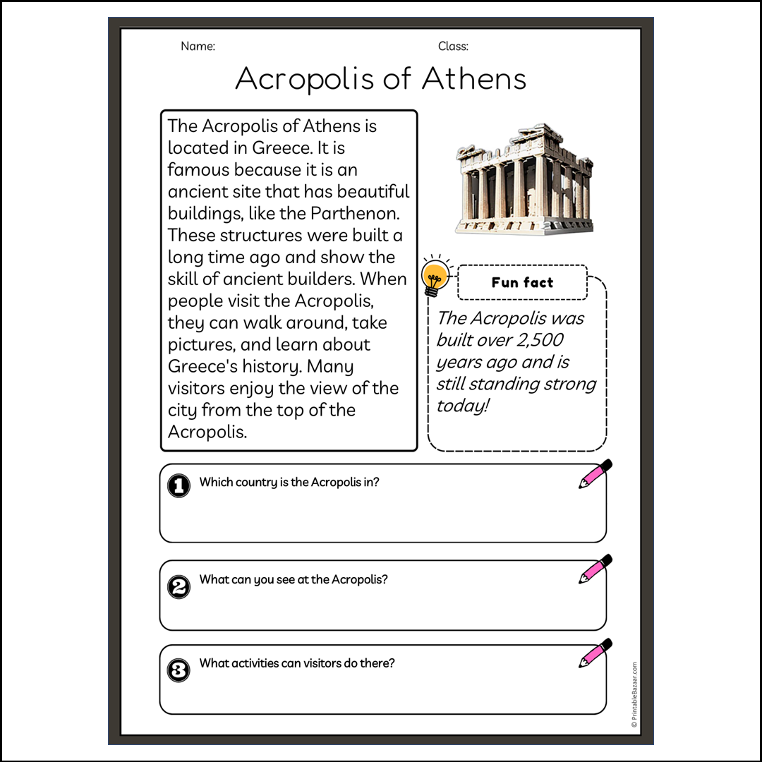 Acropolis of Athens | Reading Passage Comprehension Questions Writing Facts Worksheet