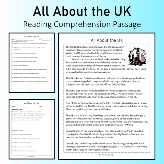 All About the UK | Reading Comprehension Passage Printable Worksheet