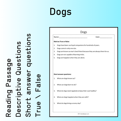Dogs | Reading Comprehension Passage Printable Worksheet