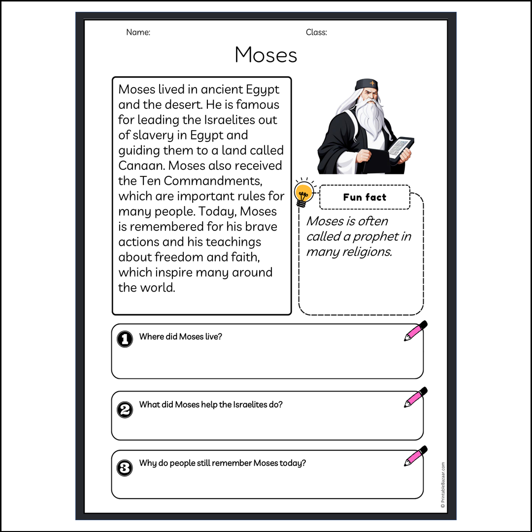 Moses | Reading Passage Comprehension Questions Writing Facts Worksheet