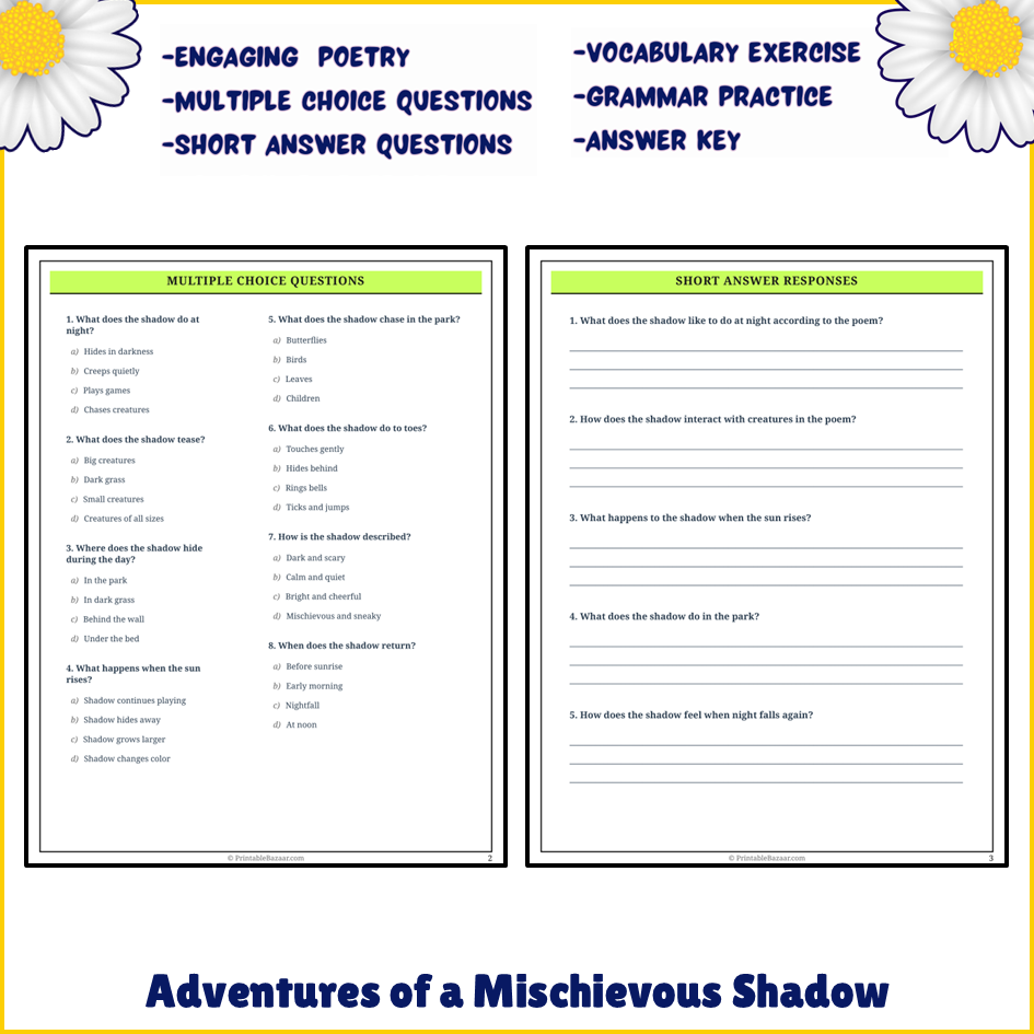 Adventures of a Mischievous Shadow | Poem Grammar Worksheet Printable Activity