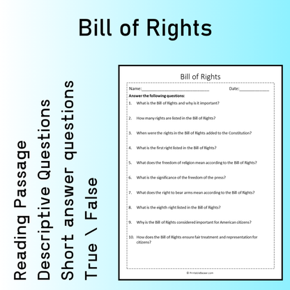 Bill of Rights | Reading Comprehension Passage Printable Worksheet