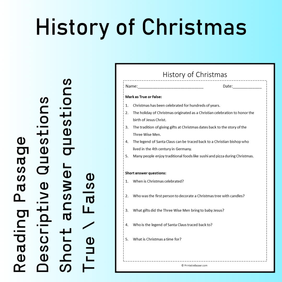 History of Christmas | Reading Comprehension Passage Printable Worksheet