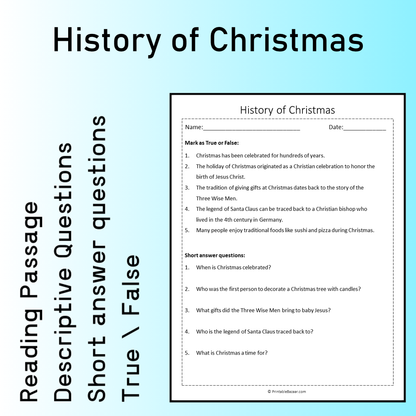 History of Christmas | Reading Comprehension Passage Printable Worksheet