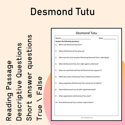 Desmond Tutu | Reading Comprehension Passage Printable Activity