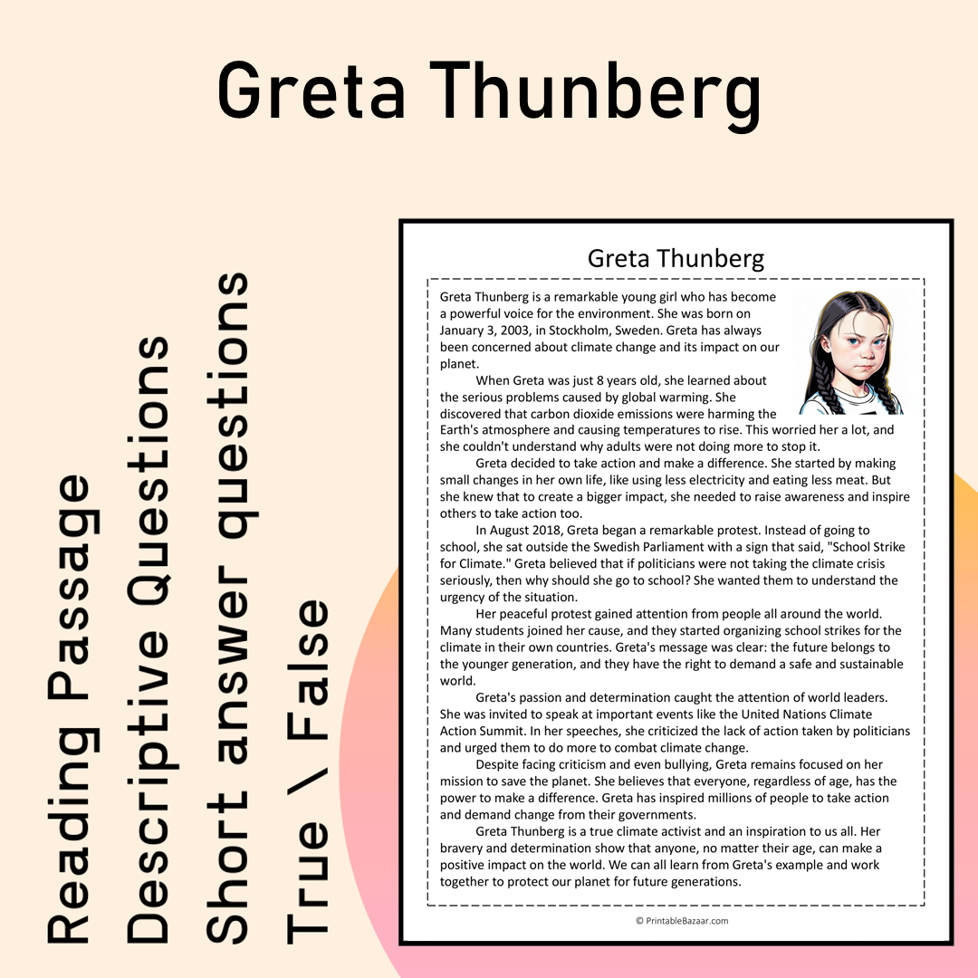 Greta Thunberg | Reading Comprehension Passage Printable Activity