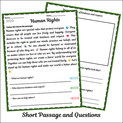 Human Rights | Short Reading Comprehension Creative Worksheet