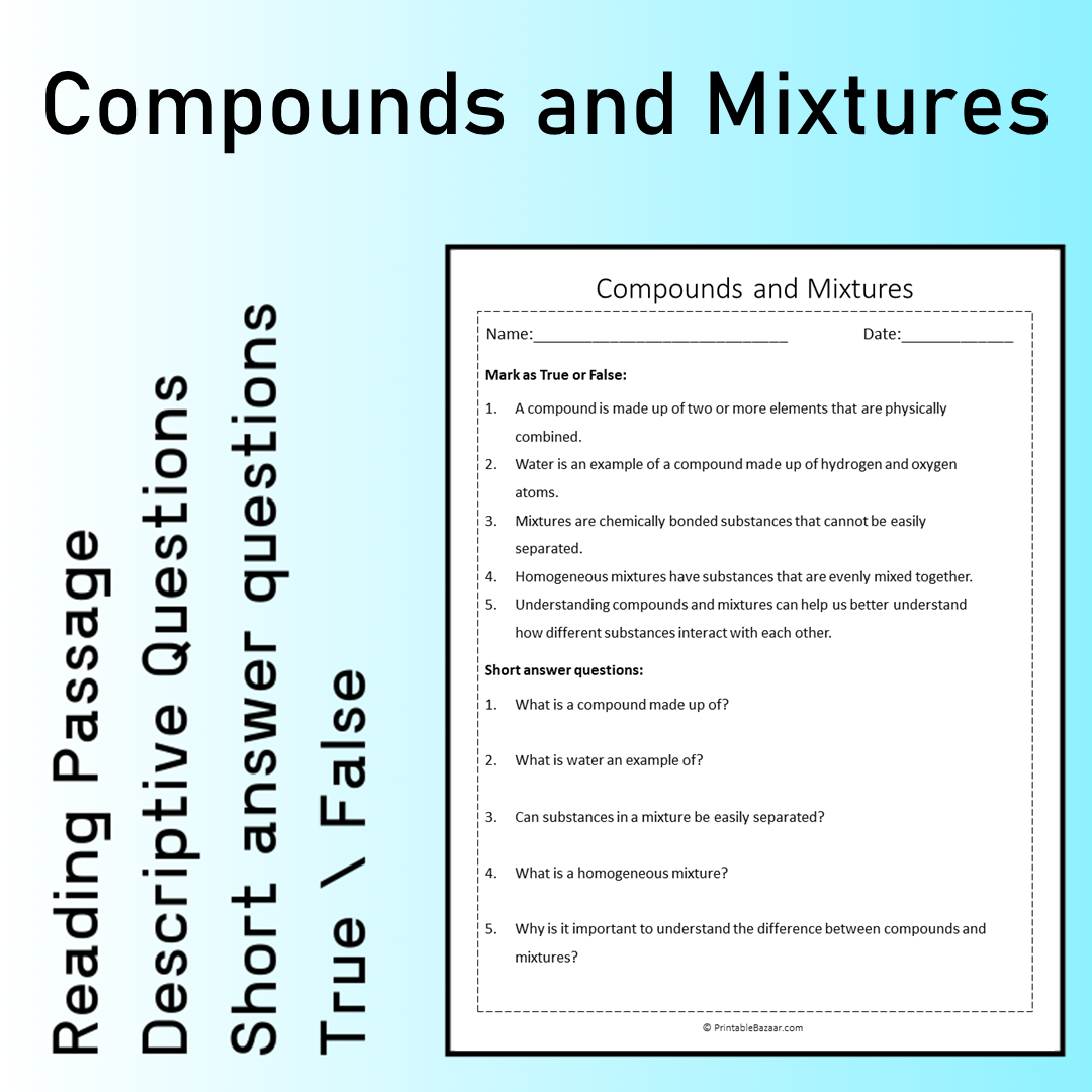 Compounds and Mixtures | Reading Comprehension Passage Printable Worksheet