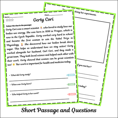 Gerty Cori | Short Reading Comprehension Creative Worksheet