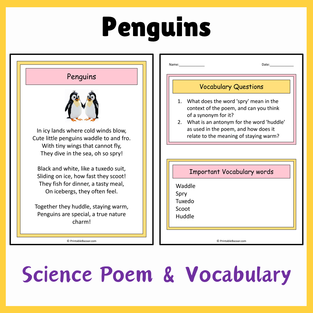 Penguins | Science Poem Reading Comprehension Activity