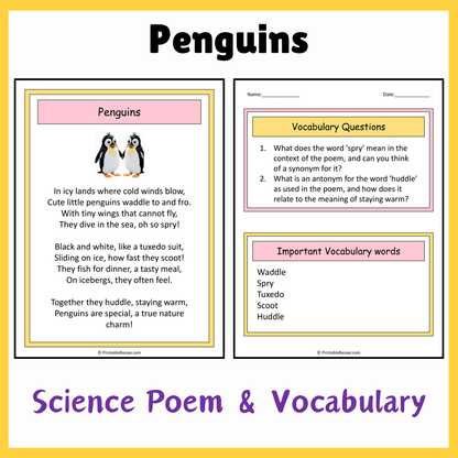 Penguins | Science Poem Reading Comprehension Activity