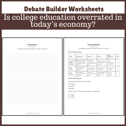 Is college education overrated in today’s economy? | Favour and Against Worksheet Printable Activity