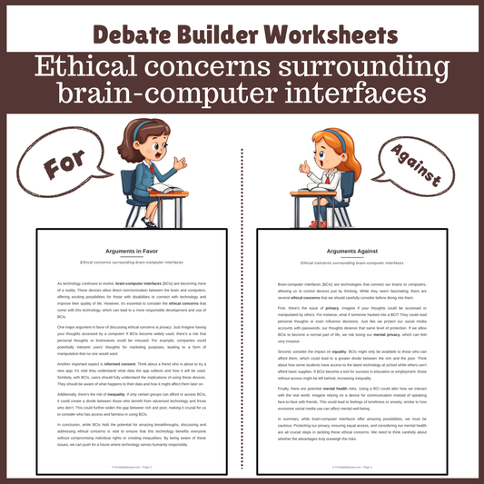 Ethical concerns surrounding brain-computer interfaces | Favour and Against Worksheet Printable Activity