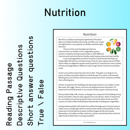 Nutrition | Reading Comprehension Passage Printable Worksheet