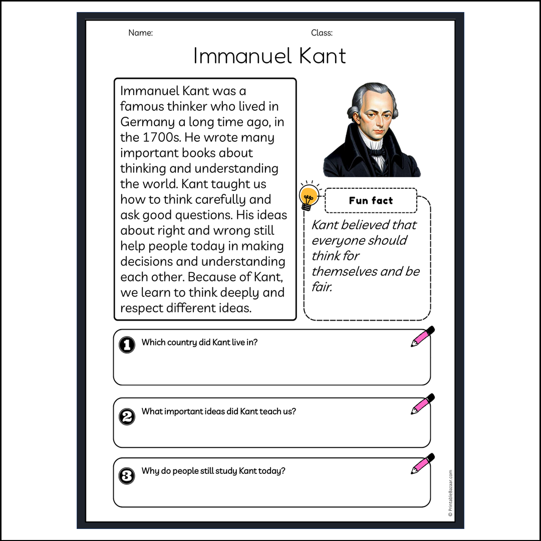 Immanuel Kant | Reading Passage Comprehension Questions Writing Facts Worksheet