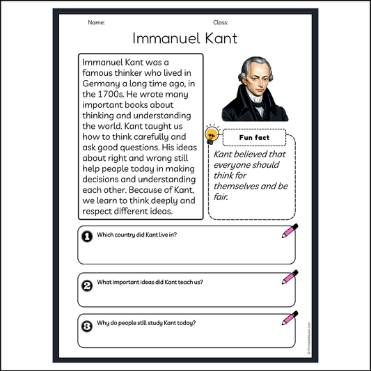 Immanuel Kant | Reading Passage Comprehension Questions Writing Facts Worksheet