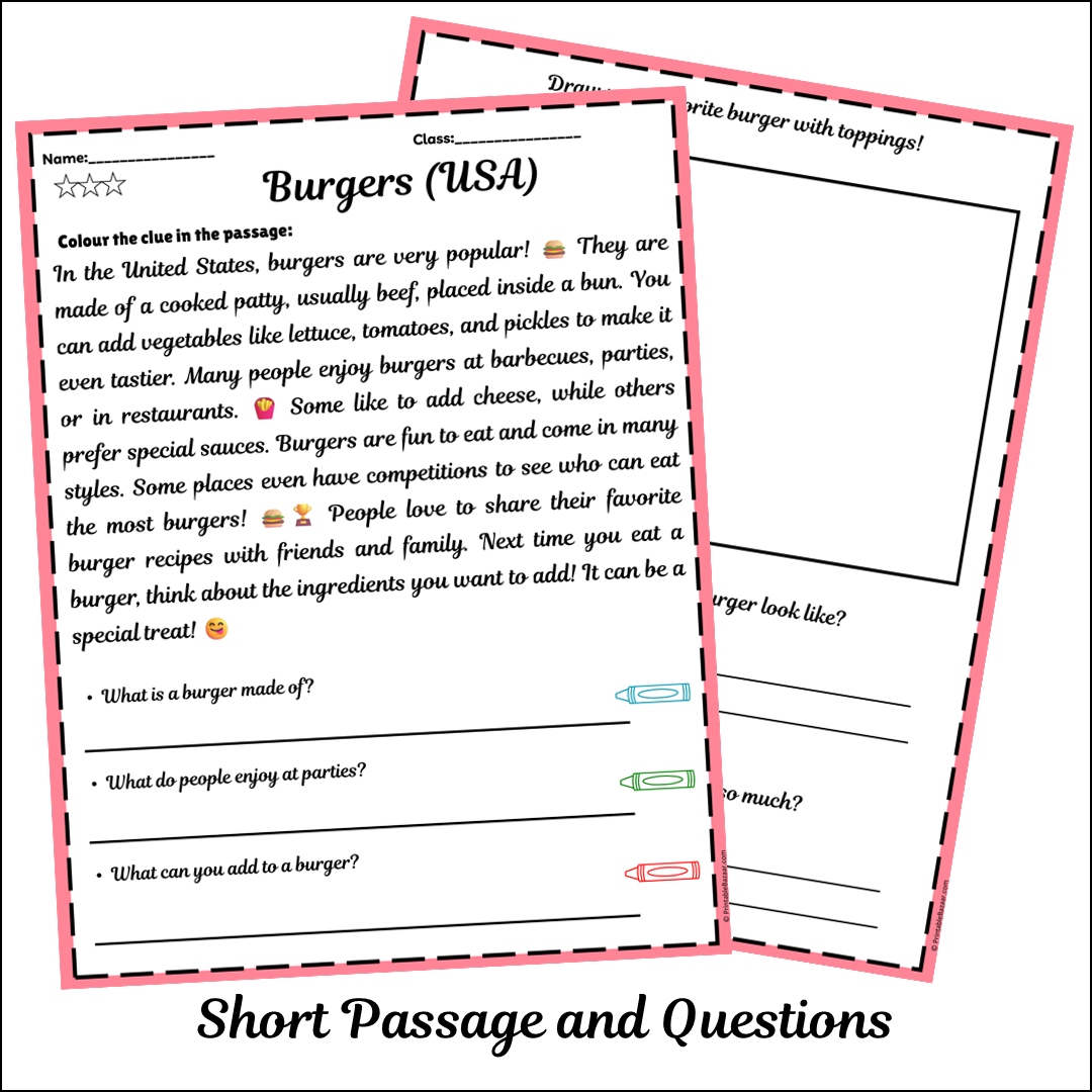 Burgers (USA) | Short Reading Comprehension Creative Worksheet