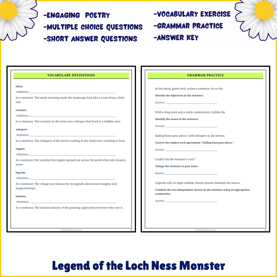 Legend of the Loch Ness Monster | Poem Grammar Worksheet Printable Activity