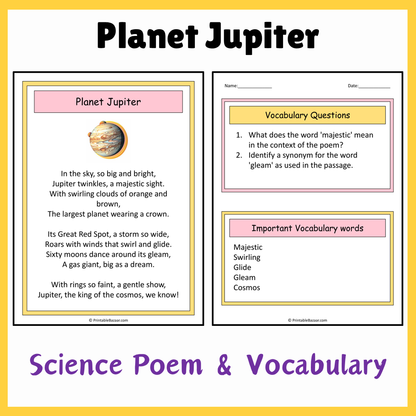 Planet Jupiter | Science Poem Reading Comprehension Activity