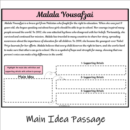 Malala Yousafzai | Main Idea and Supporting Details Reading Passage and Questions