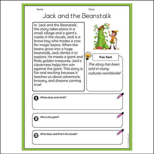 Jack and the Beanstalk | Reading Passage Comprehension Questions Writing Facts Worksheet