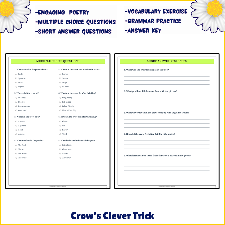 Crow's Clever Trick | Poem Grammar Worksheet Printable Activity