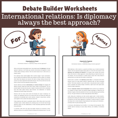 International relations: Is diplomacy always the best approach? | Favour and Against Worksheet Printable Activity