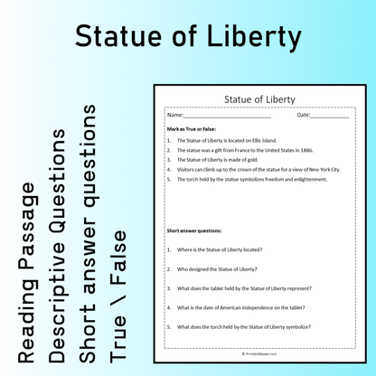 Statue of Liberty | Reading Comprehension Passage Printable Worksheet