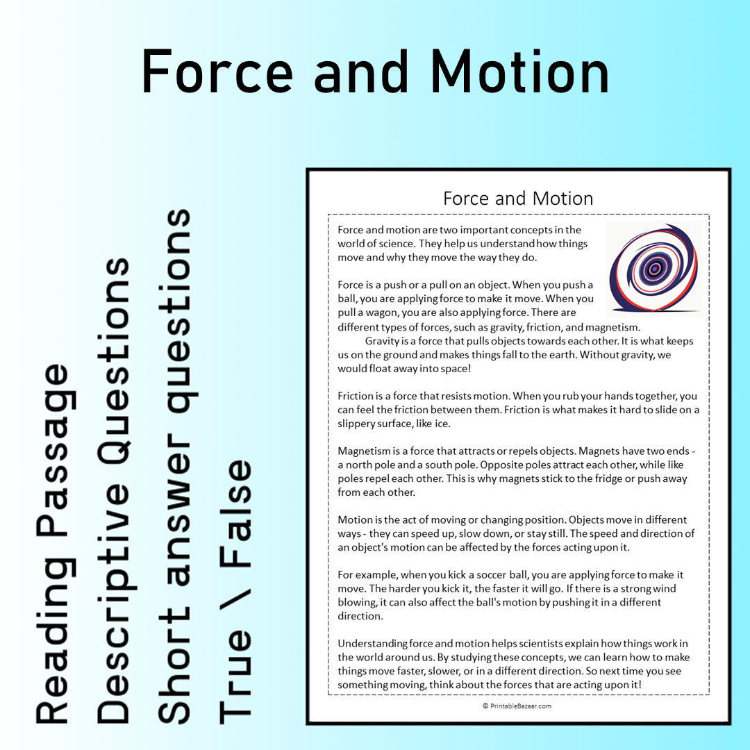 Force and Motion | Reading Comprehension Passage Printable Worksheet
