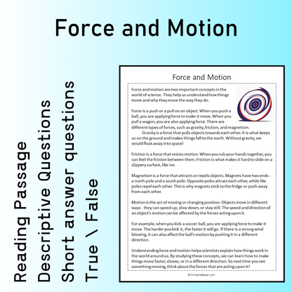 Force and Motion | Reading Comprehension Passage Printable Worksheet