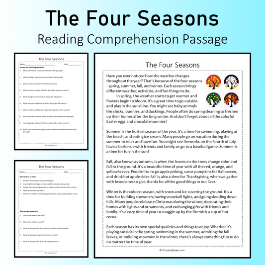 The Four Seasons | Reading Comprehension Passage Printable Worksheet