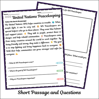 United Nations Peacekeeping | Short Reading Comprehension Creative Worksheet